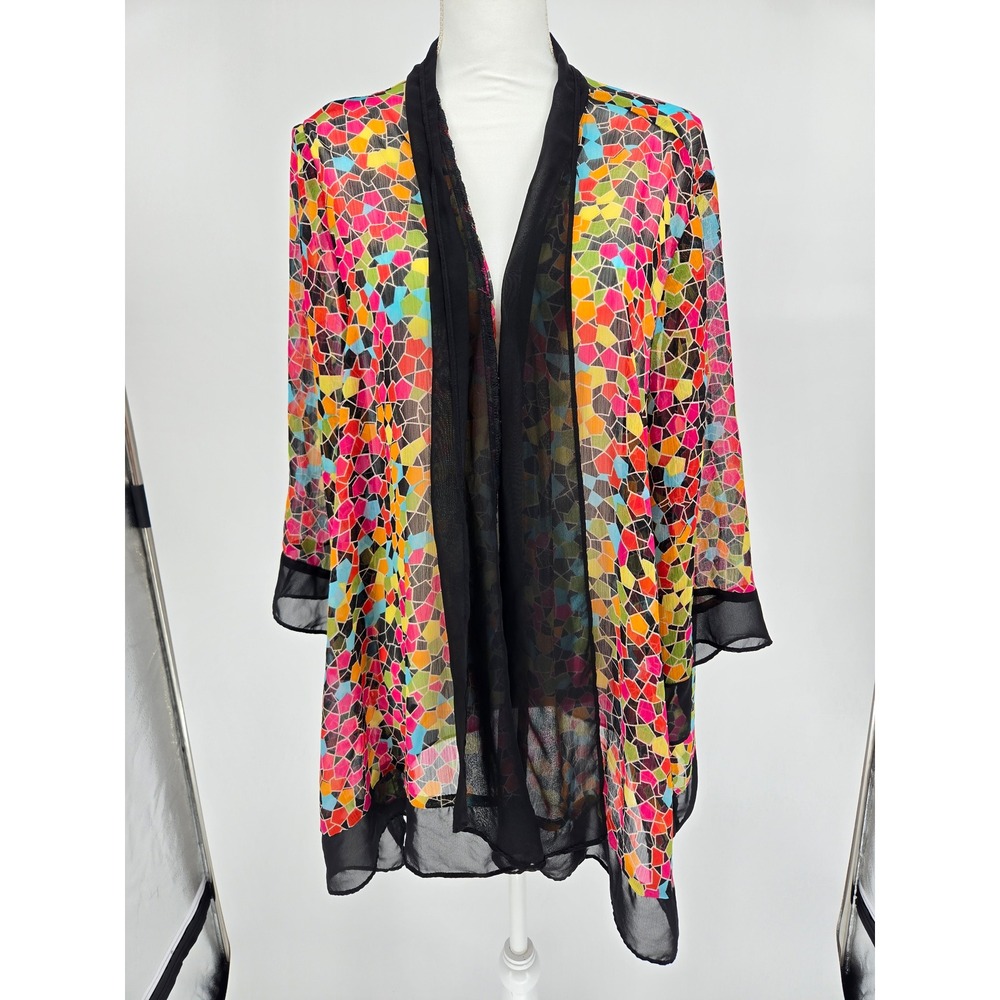 Travel Elements Womens 2X Kimono Cardigan Stained Glass Mosaic Multi Color Sheer